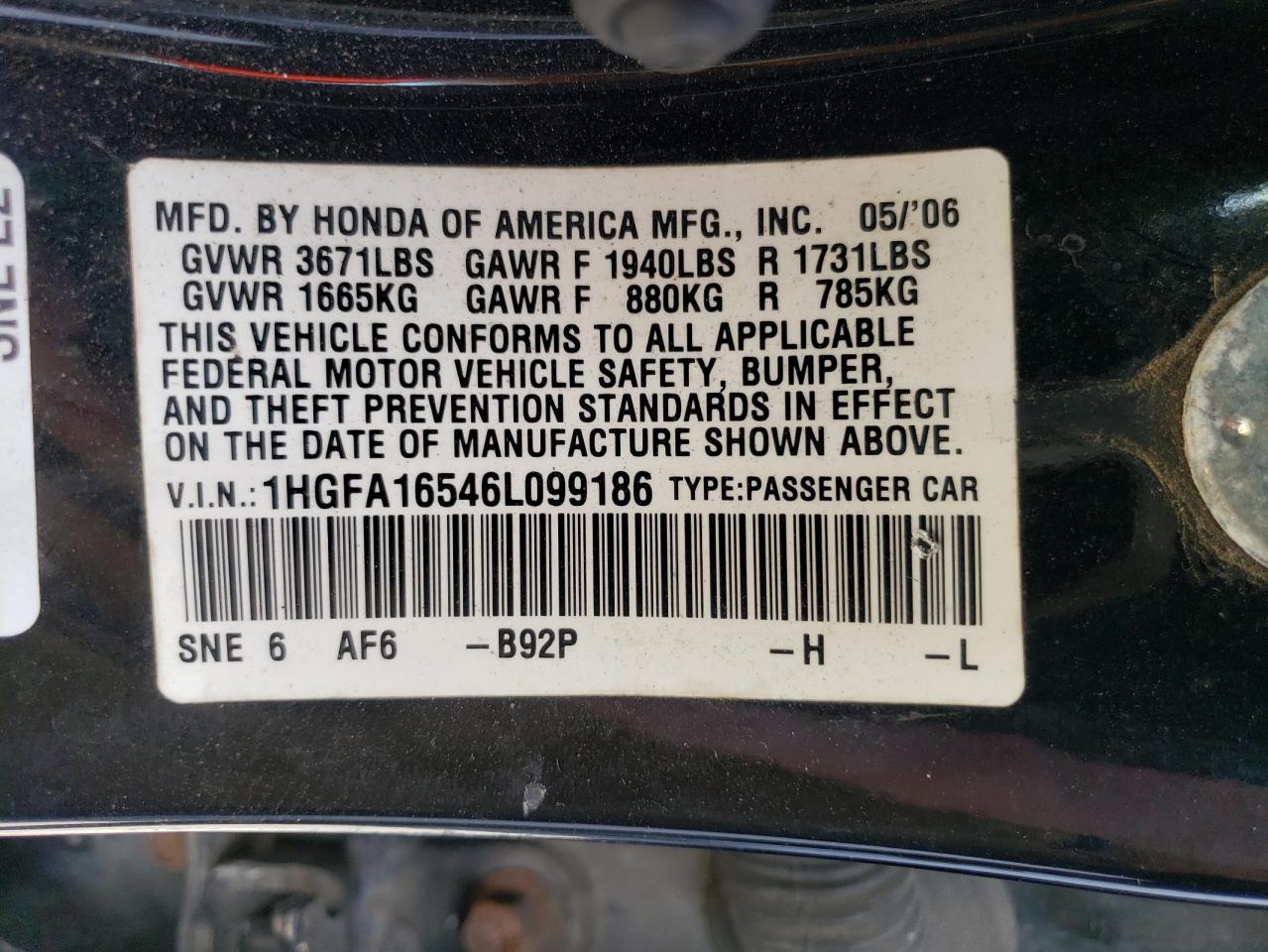 1HGFA16546L099186 2006 Honda Civic Lx