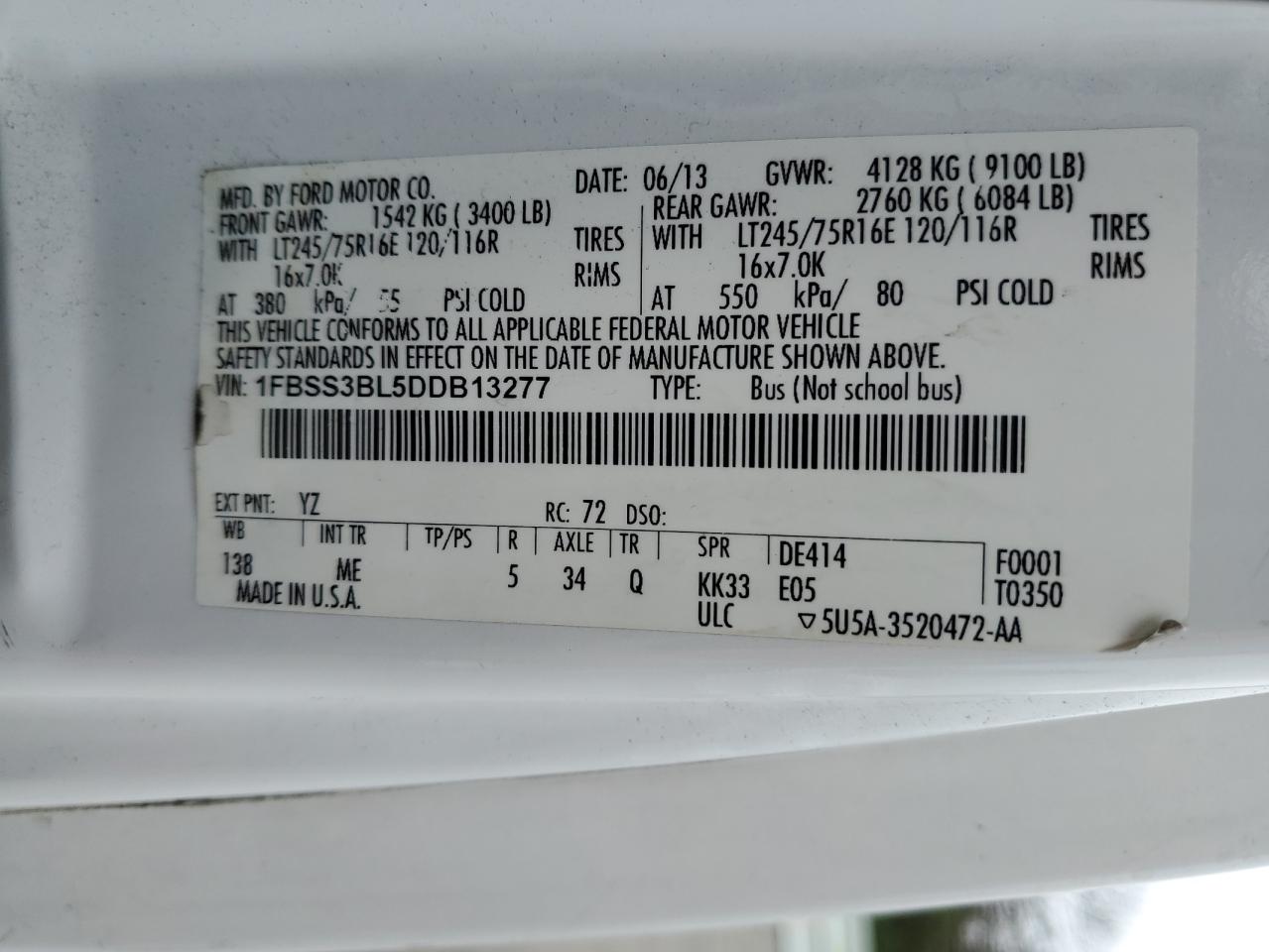 2013 Ford Econoline E350 Super Duty Wagon VIN: 1FBSS3BL5DDB13277 Lot: 65553634