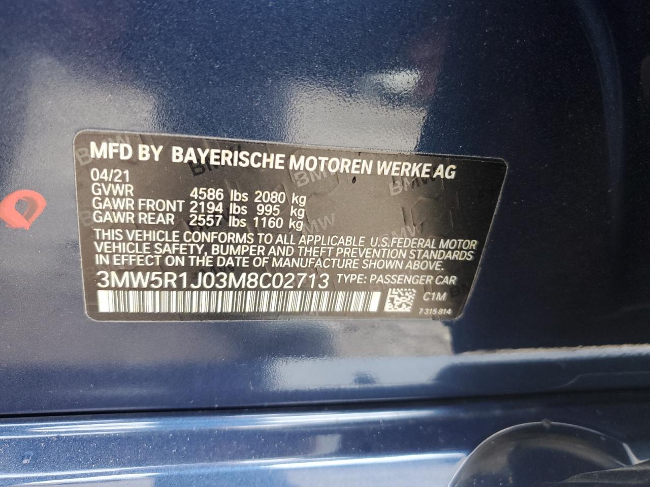 2021 BMW 330I VIN: 3MW5R1J03M8C02713 Lot: 67832264