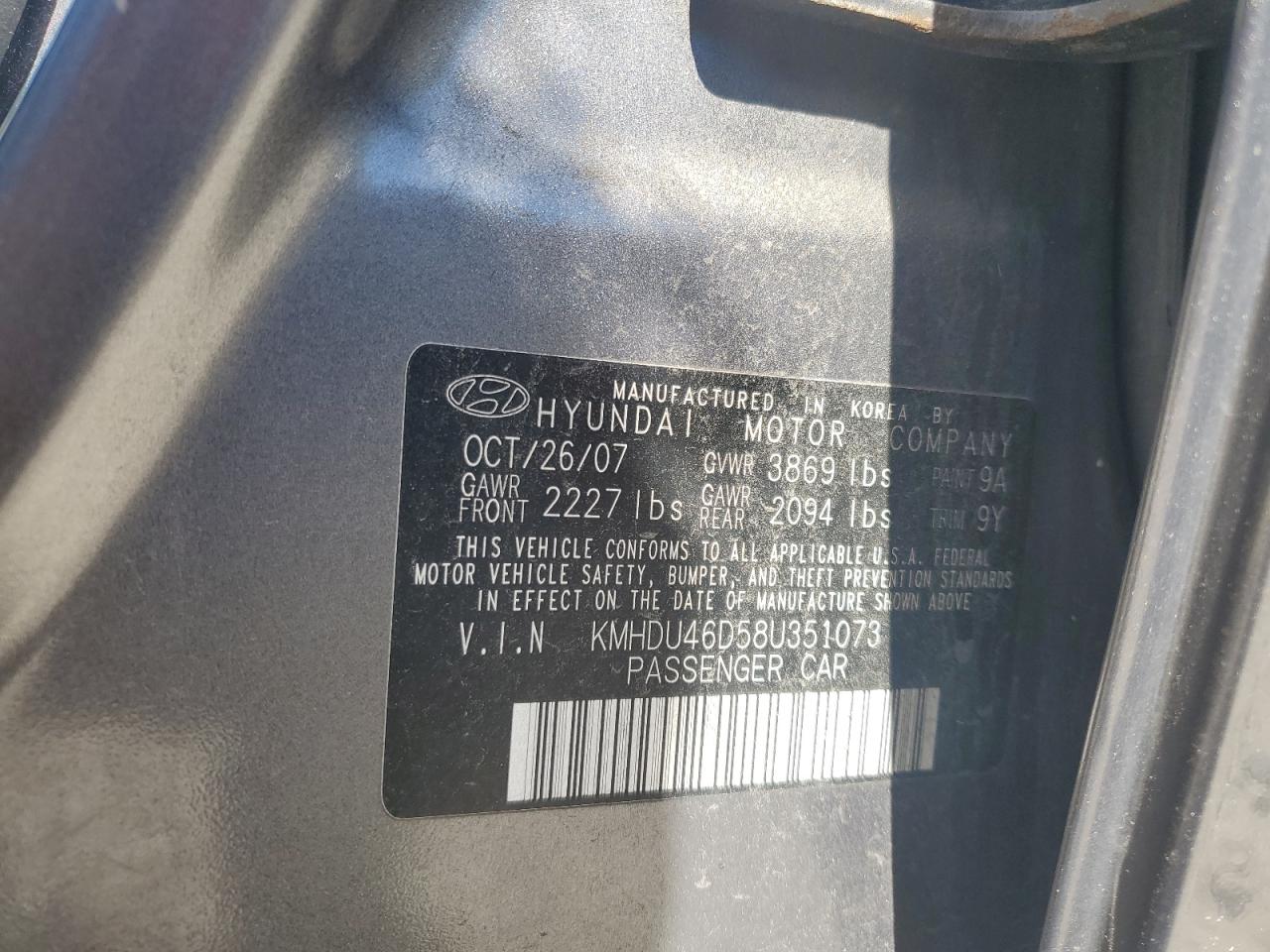 KMHDU46D58U351073 2008 Hyundai Elantra Gls