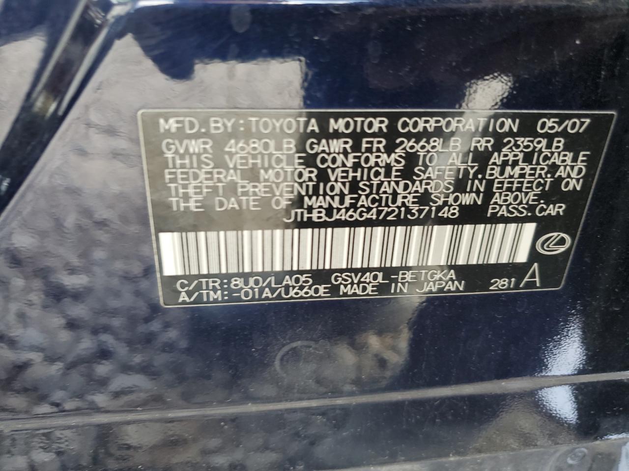 2007 Lexus Es 350 VIN: JTHBJ46G472137148 Lot: 67740344