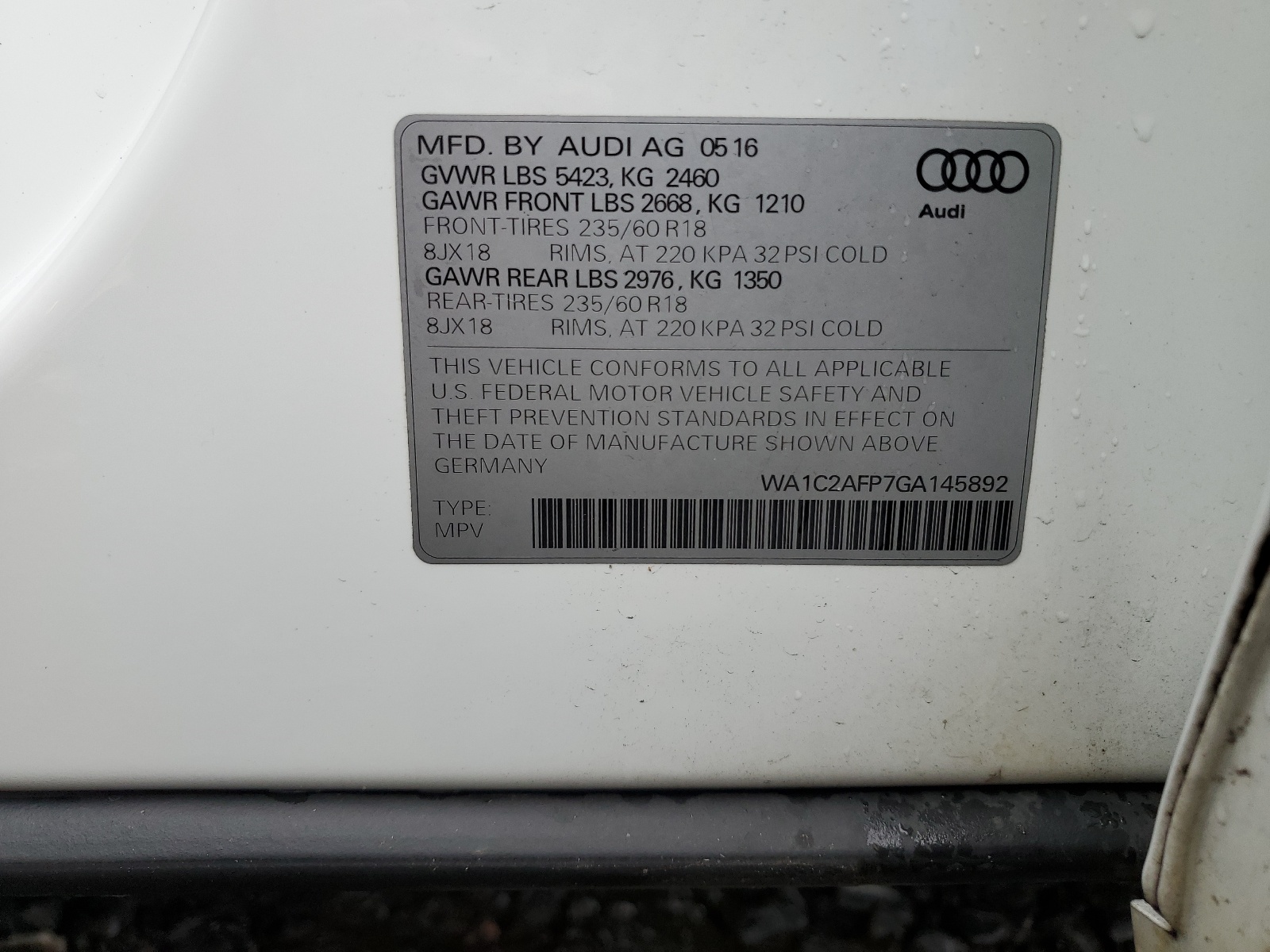 WA1C2AFP7GA145892 2016 Audi Q5 Premium