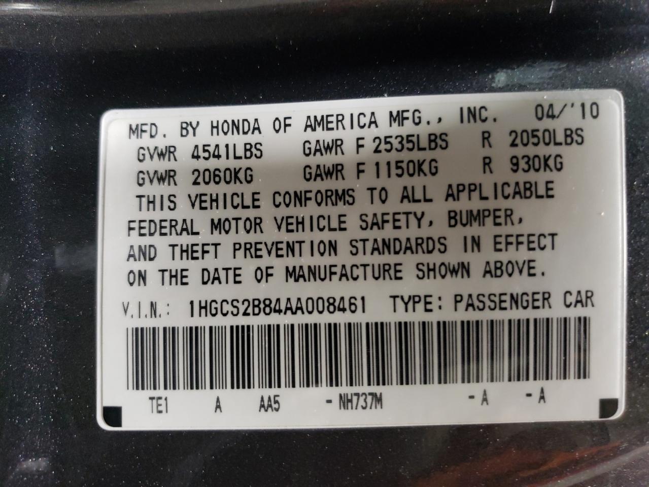 1HGCS2B84AA008461 2010 Honda Accord Exl