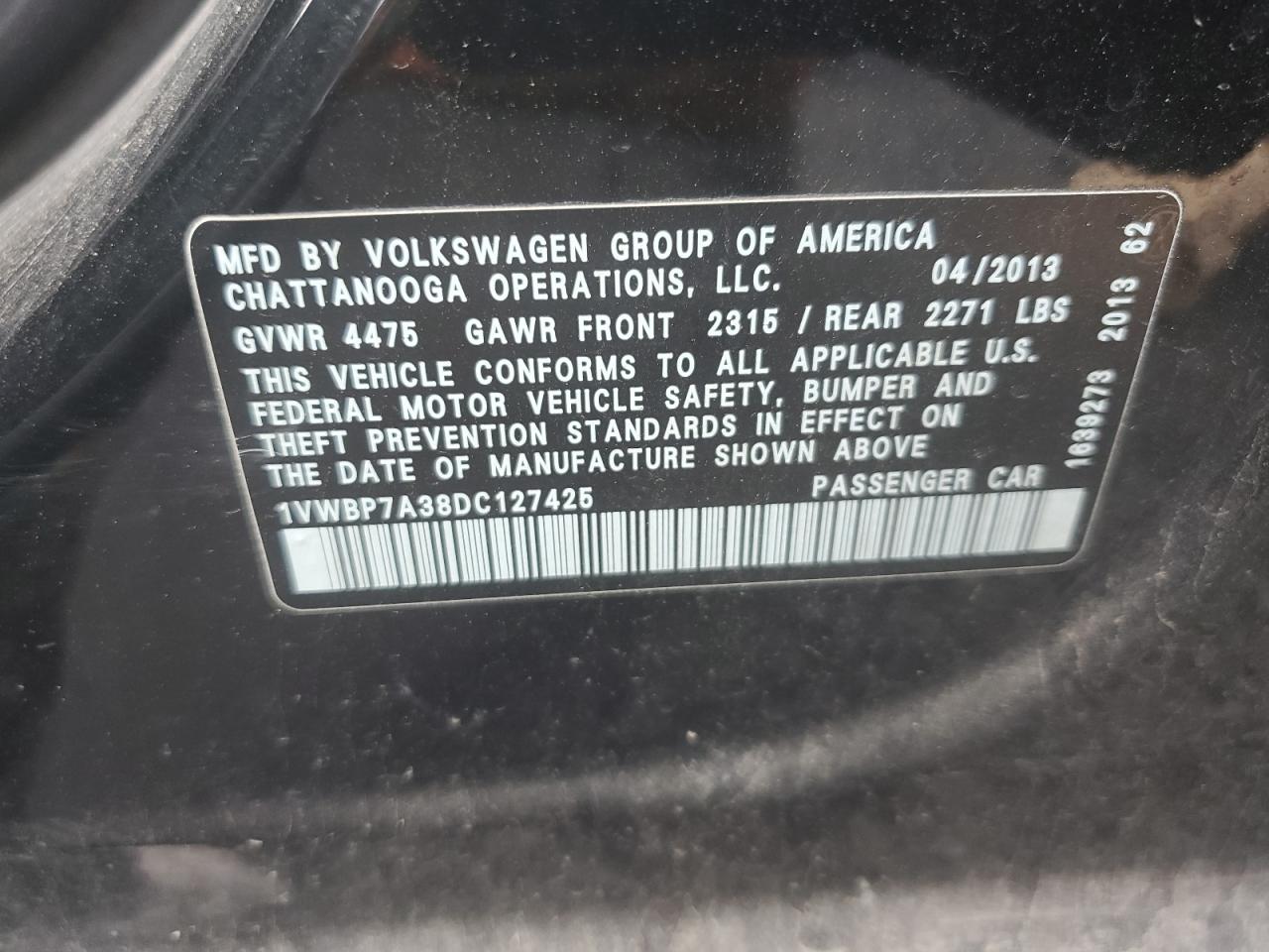 2013 Volkswagen Passat Se VIN: 1VWBP7A38DC127425 Lot: 66316974