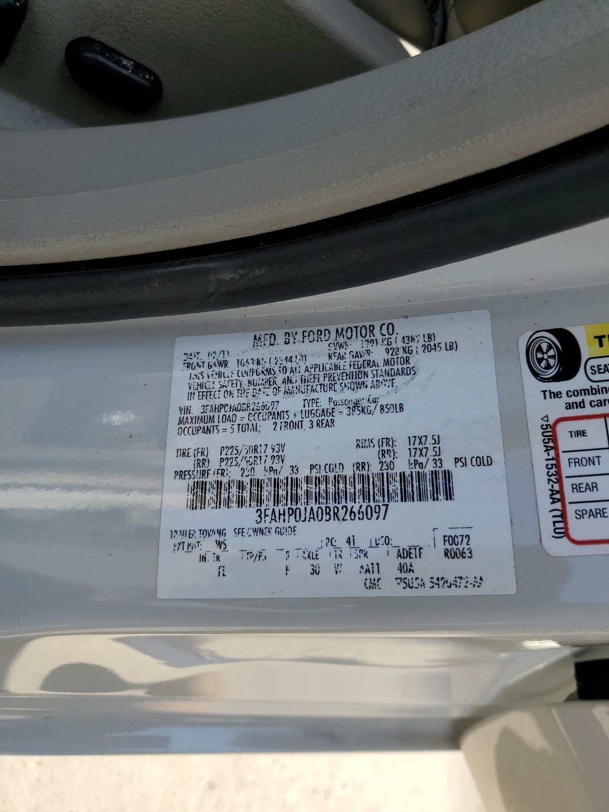 3FAHP0JA0BR266097 2011 Ford Fusion Sel