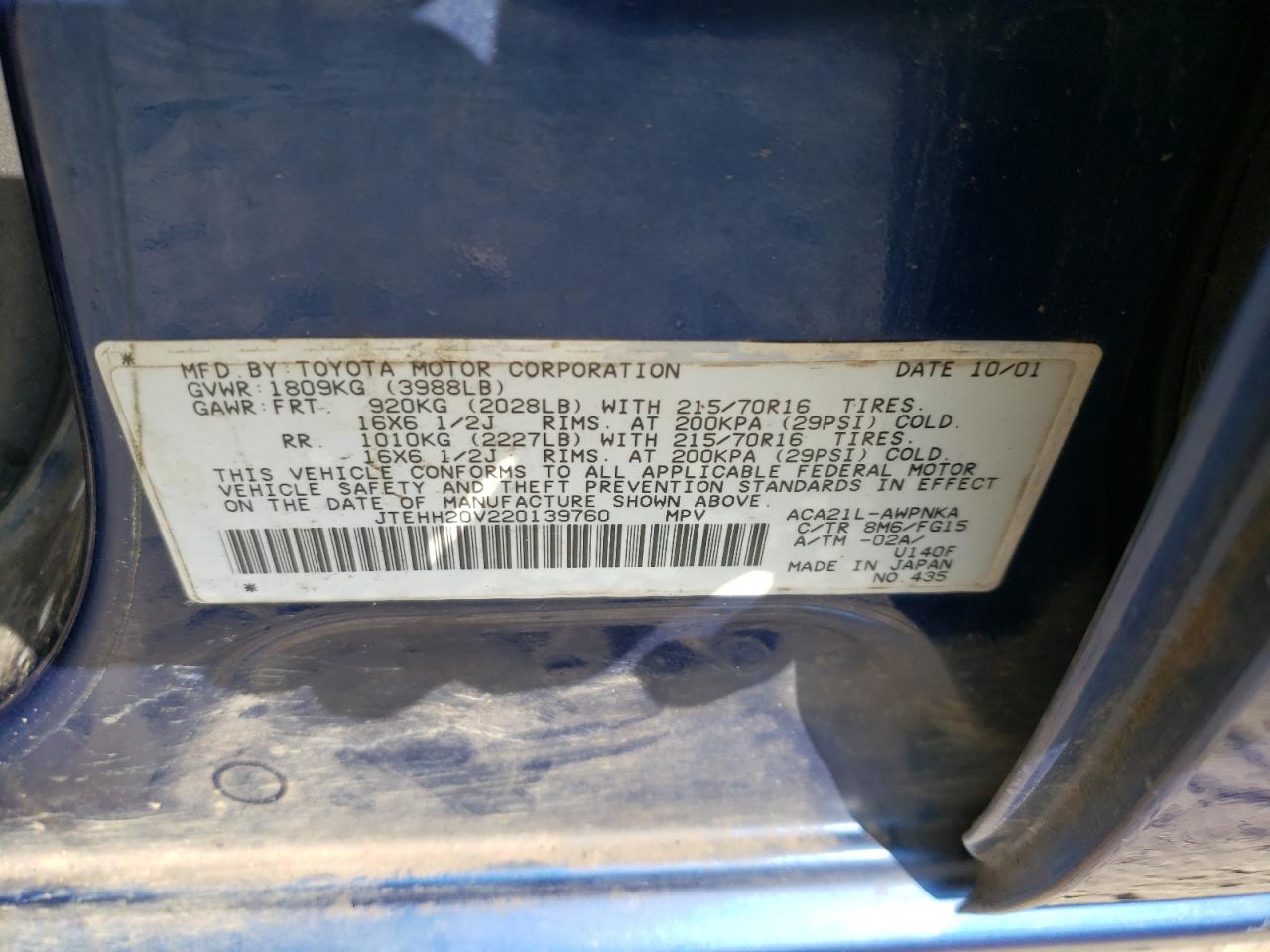 2002 Toyota Rav4 VIN: JTEHH20V220139760 Lot: 69346244