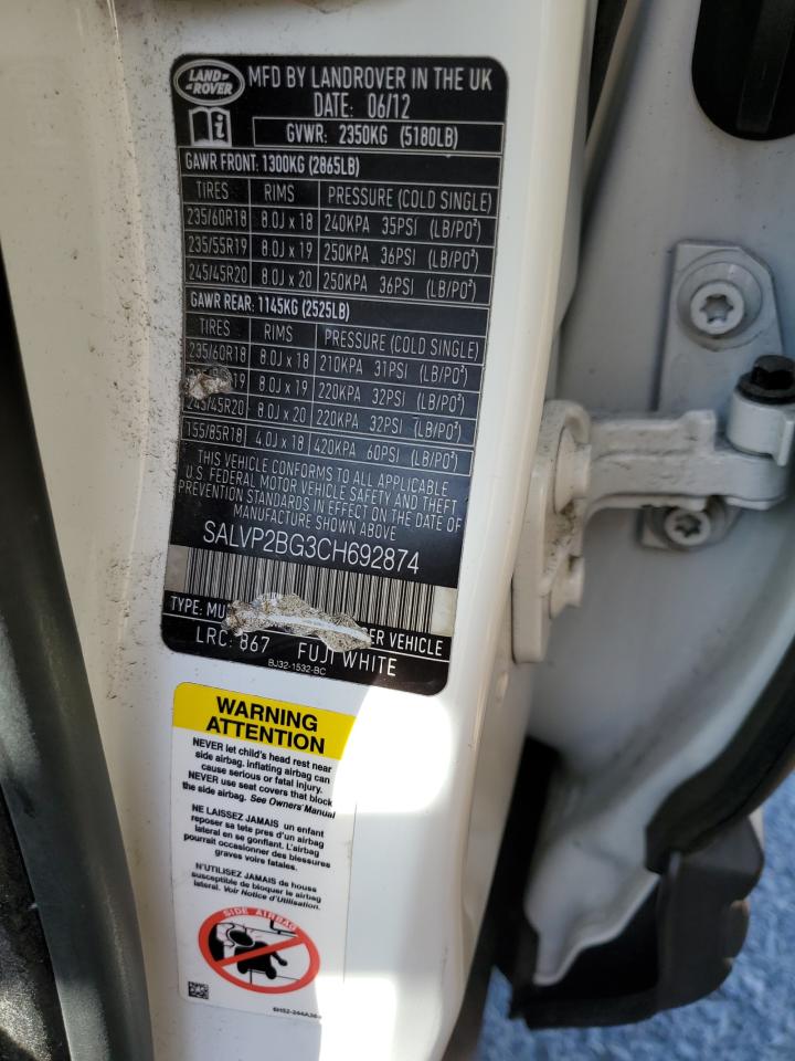 2012 Land Rover Range Rover Evoque Pure Plus VIN: SALVP2BG3CH692874 Lot: 66981704