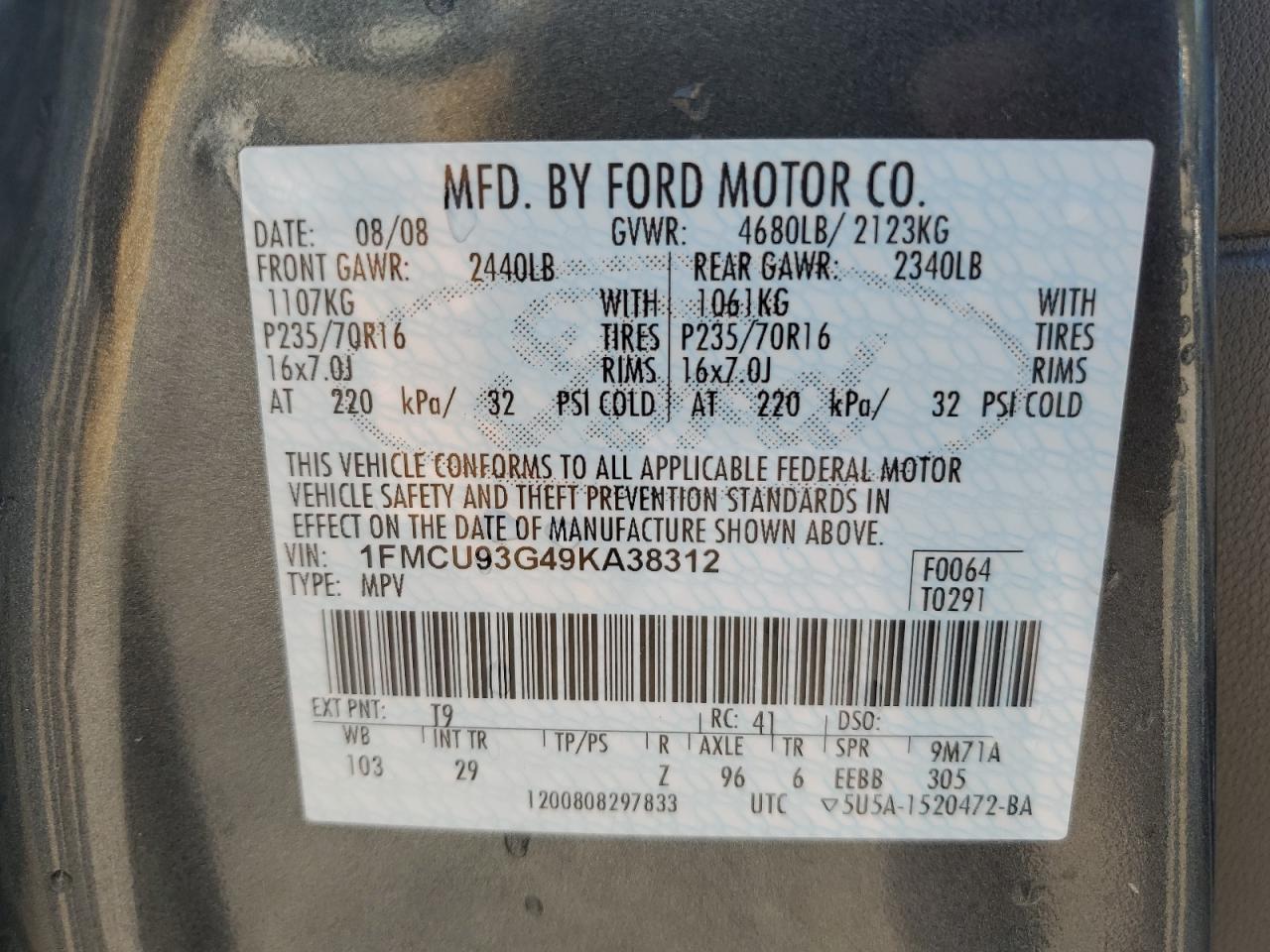 2009 Ford Escape Xlt VIN: 1FMCU93G49KA38312 Lot: 66311604