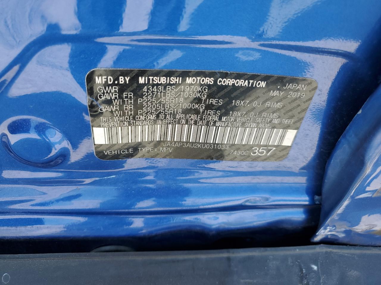 2019 Mitsubishi Outlander Sport Es VIN: JA4AP3AU2KU031033 Lot: 66423984