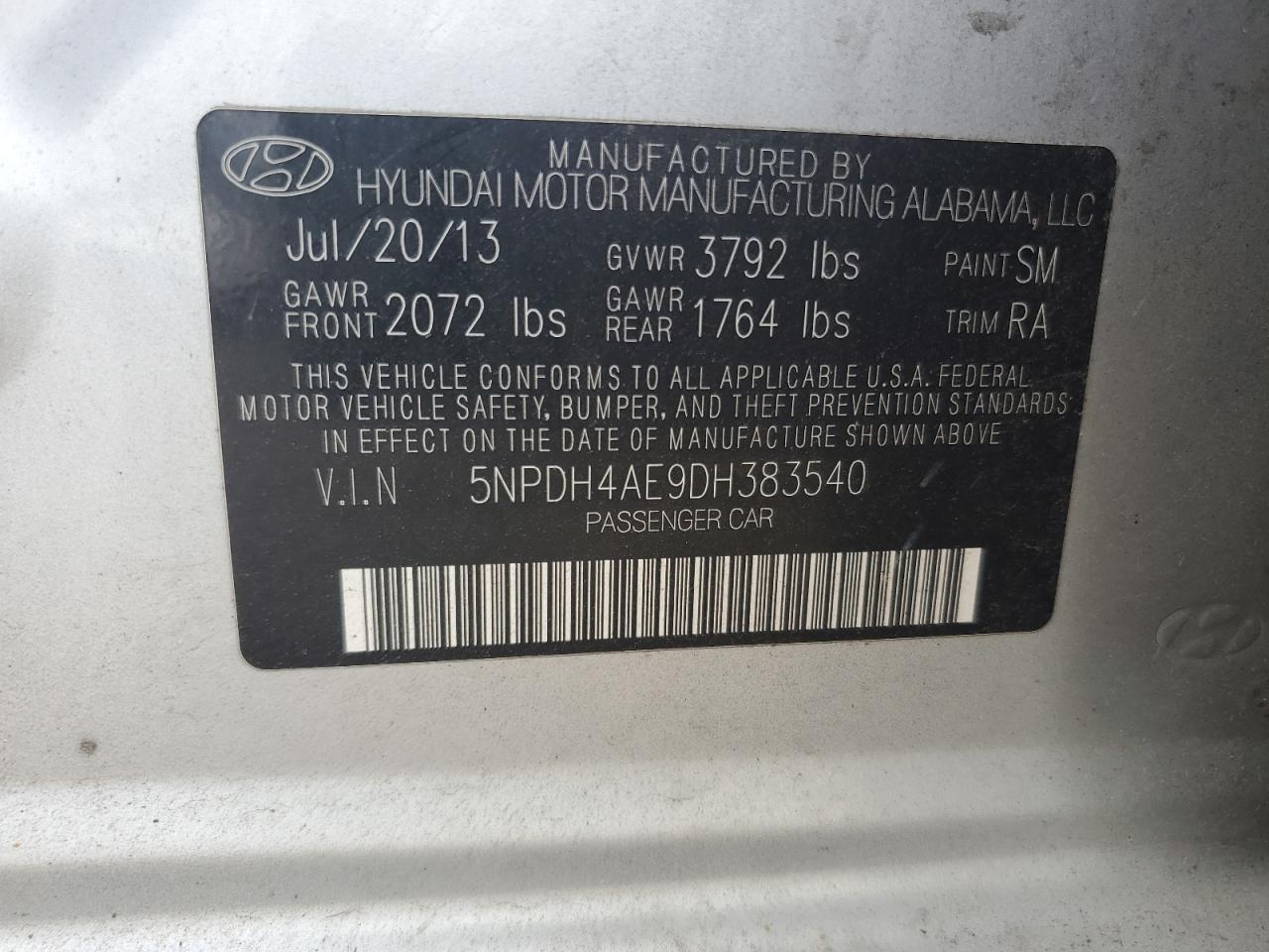 2013 Hyundai Elantra Gls VIN: 5NPDH4AE9DH383540 Lot: 65769004