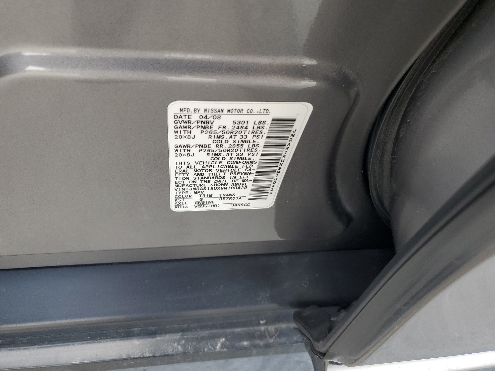 JNRAS18UX9M100429 2009 Infiniti Fx35