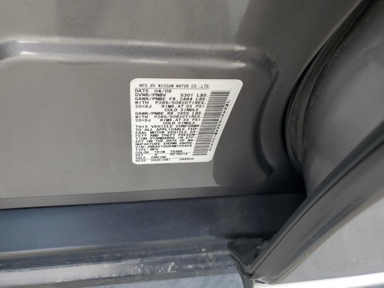 2009 Infiniti Fx35 VIN: JNRAS18UX9M100429 Lot: 66141144