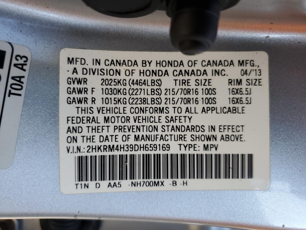 2HKRM4H39DH659169 2013 Honda Cr-V Lx