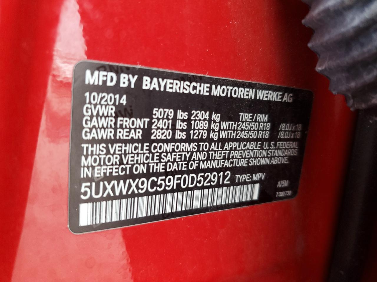 2015 BMW X3 xDrive28I VIN: 5UXWX9C59F0D52912 Lot: 67465934