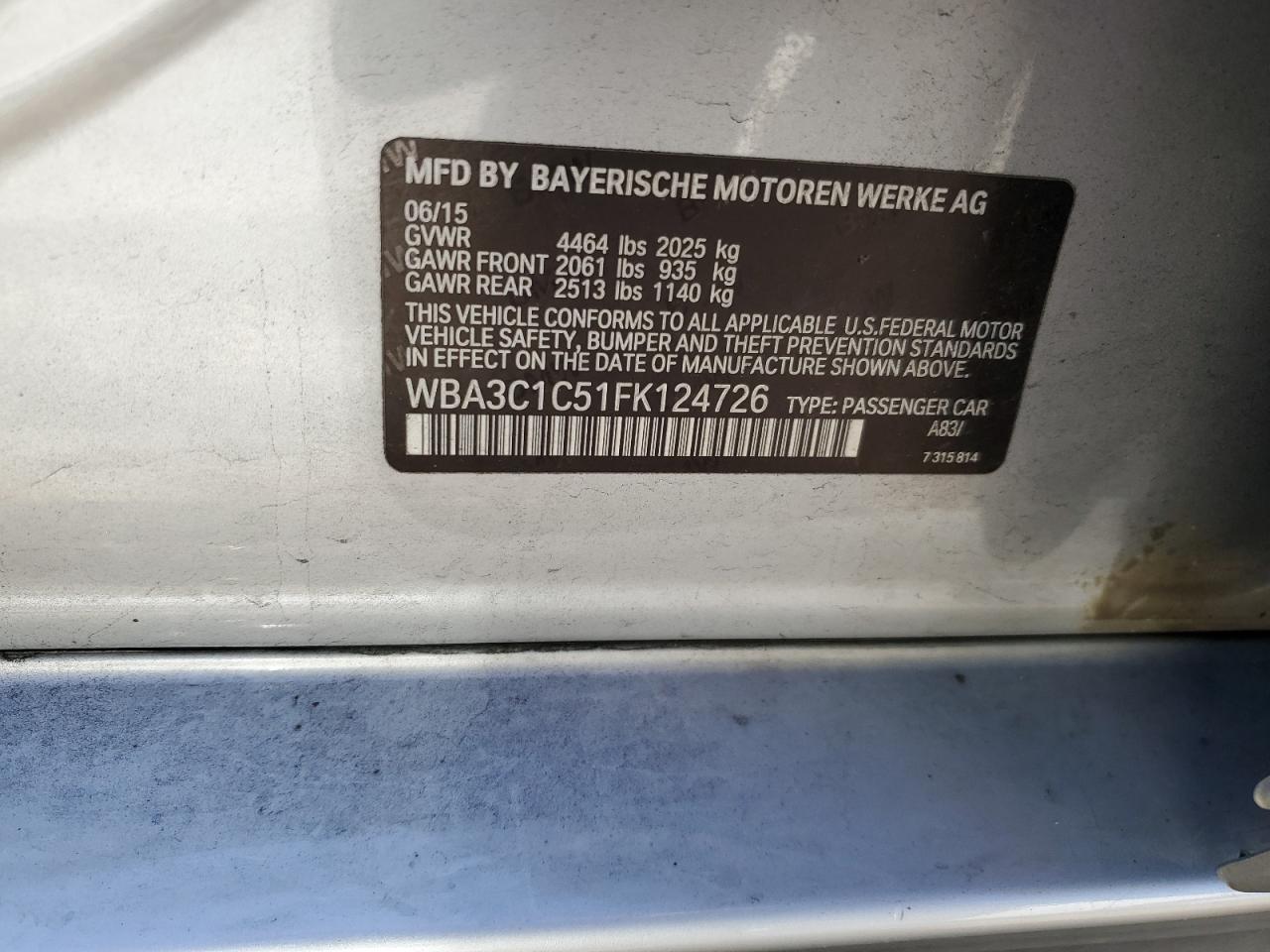 2015 BMW 328 I Sulev VIN: WBA3C1C51FK124726 Lot: 67898374