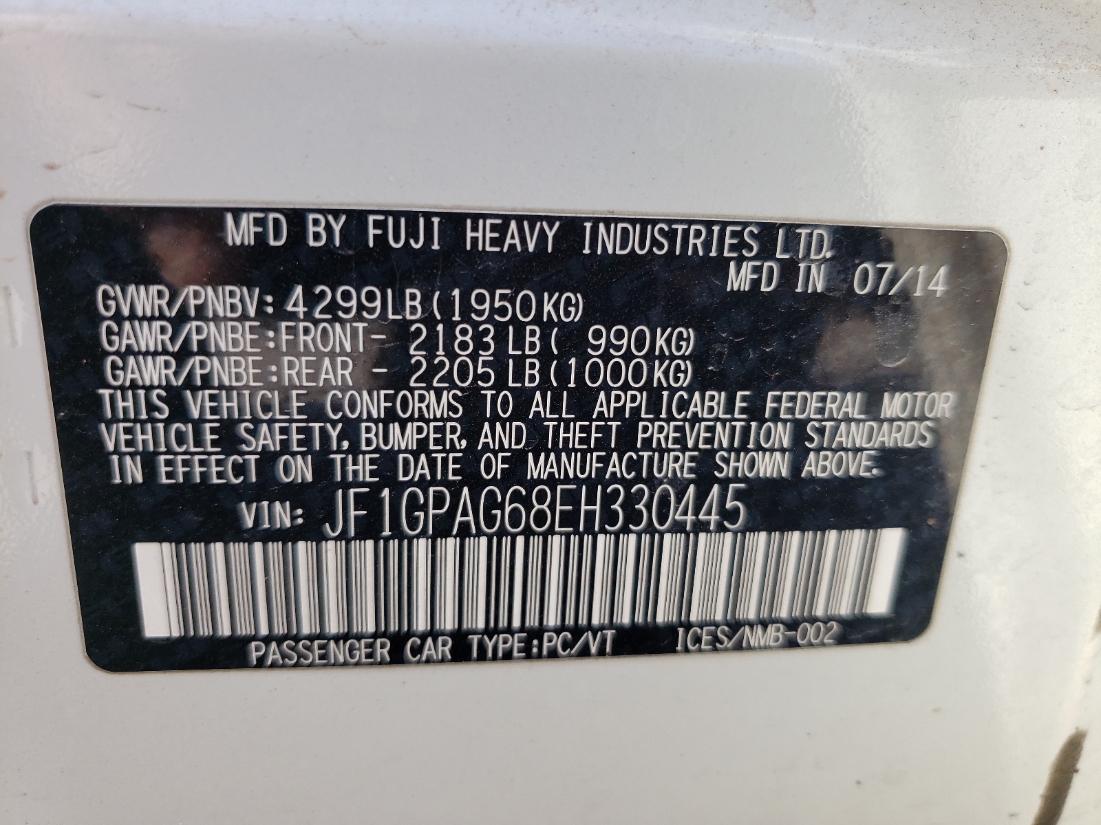 JF1GPAG68EH330445 2014 Subaru Impreza Limited