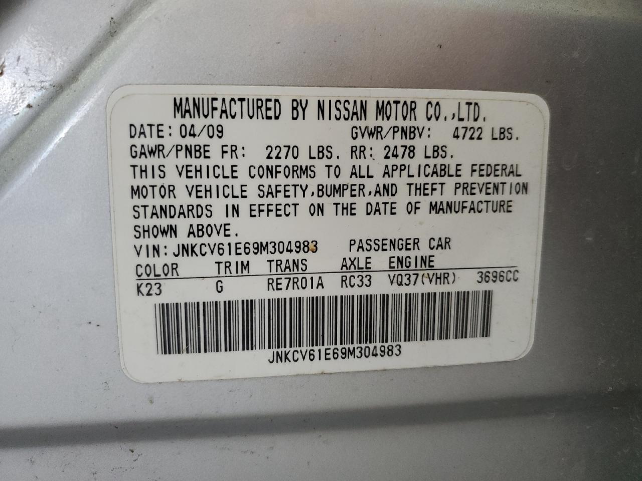 JNKCV61E69M304983 2009 Infiniti G37 Base