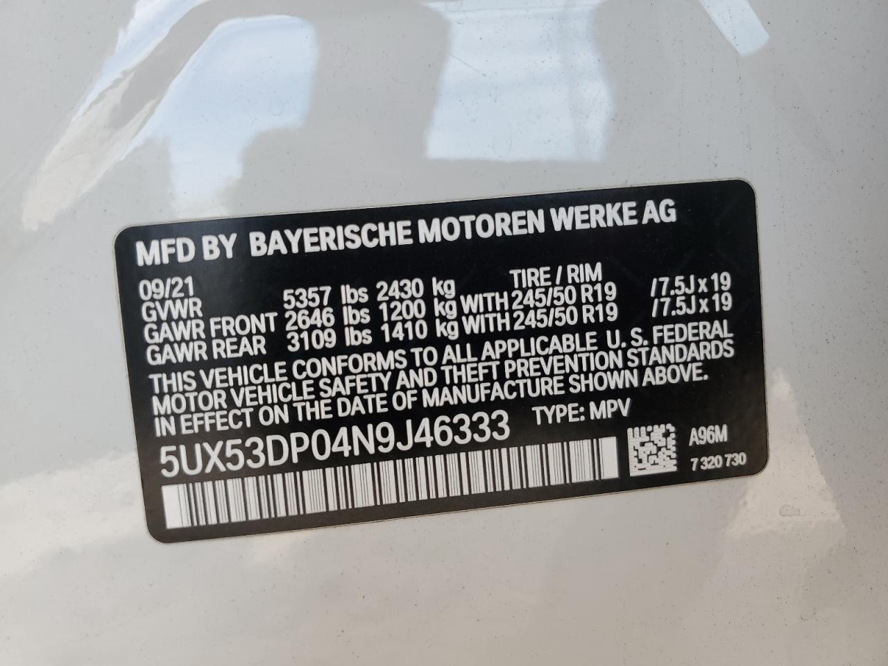 2022 BMW X3 xDrive30I VIN: 5UX53DP04N9J46333 Lot: 68492544