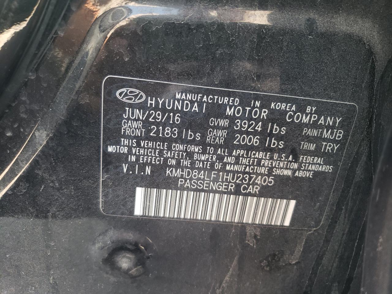 2017 Hyundai Elantra Se VIN: KMHD84LF1HU237405 Lot: 66748054