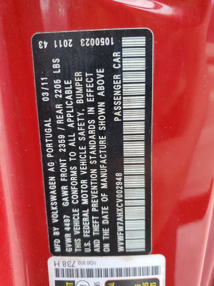 2012 Volkswagen Eos Lux VIN: WVWFW7AHXCV002948 Lot: 63750414