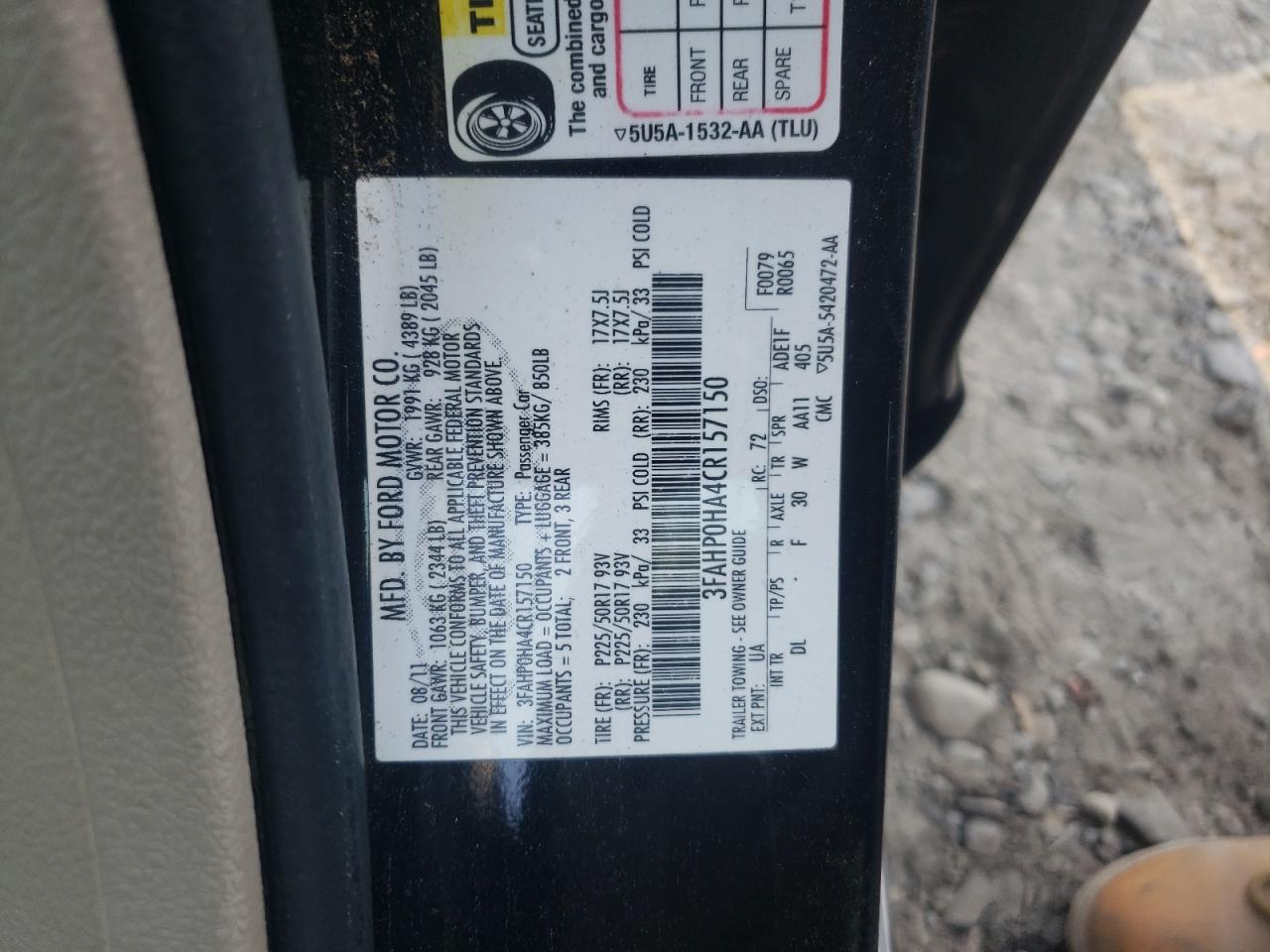 2012 Ford Fusion Se VIN: 3FAHP0HA4CR157150 Lot: 67980904