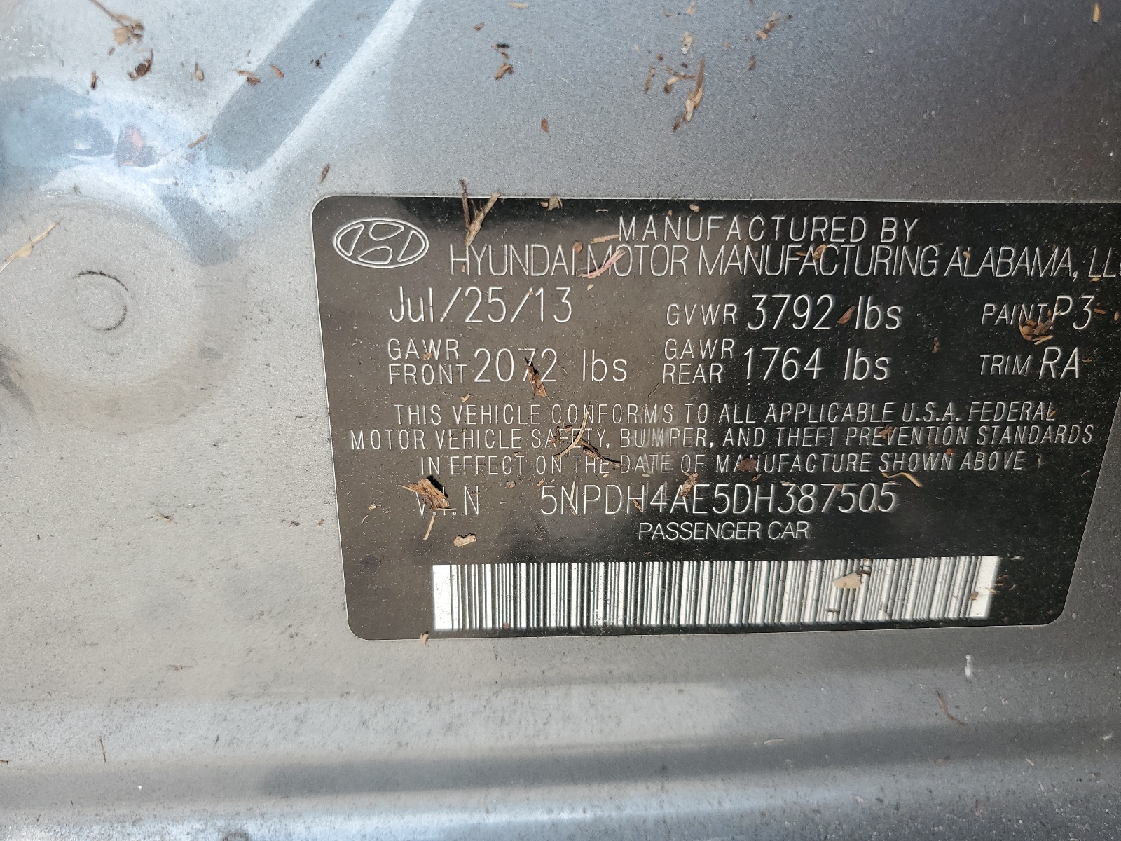 5NPDH4AE5DH387505 2013 Hyundai Elantra Gls