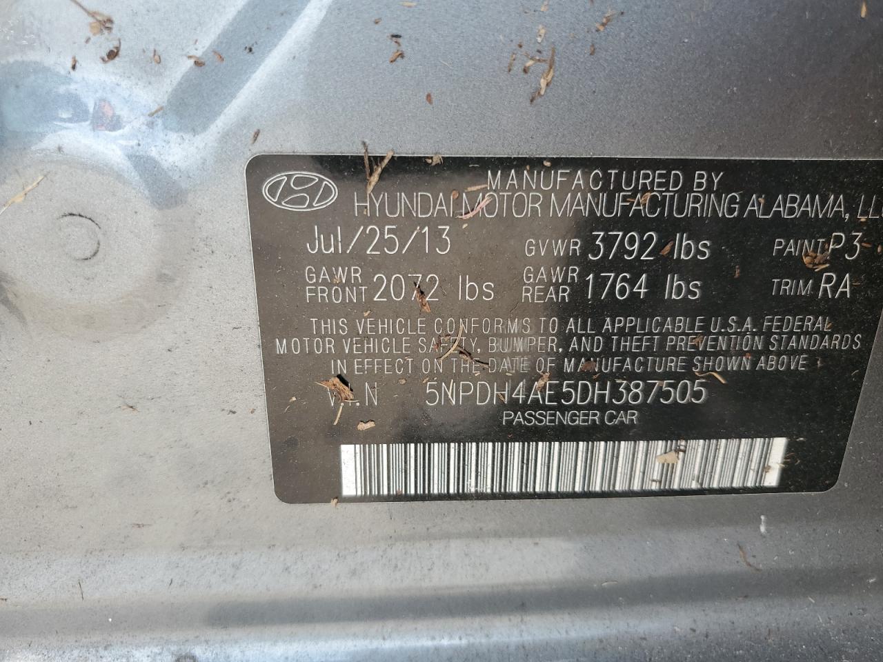 2013 Hyundai Elantra Gls VIN: 5NPDH4AE5DH387505 Lot: 66291854