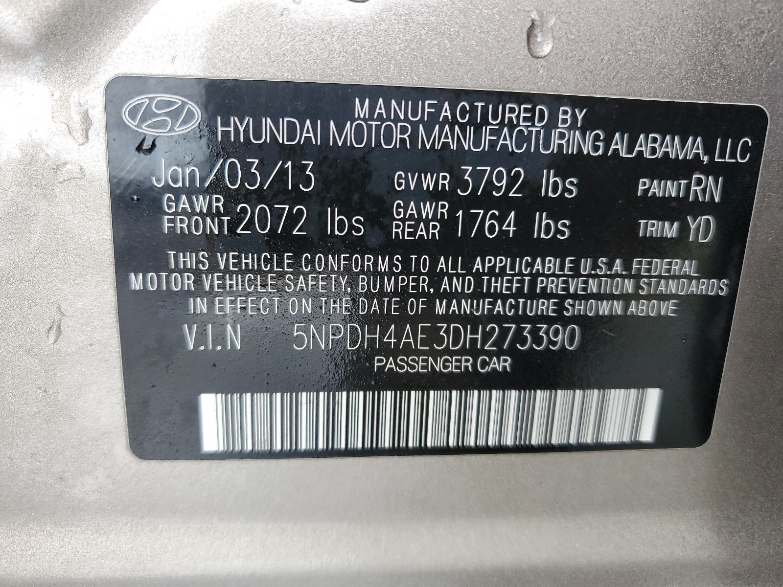 5NPDH4AE3DH273390 2013 Hyundai Elantra Gls