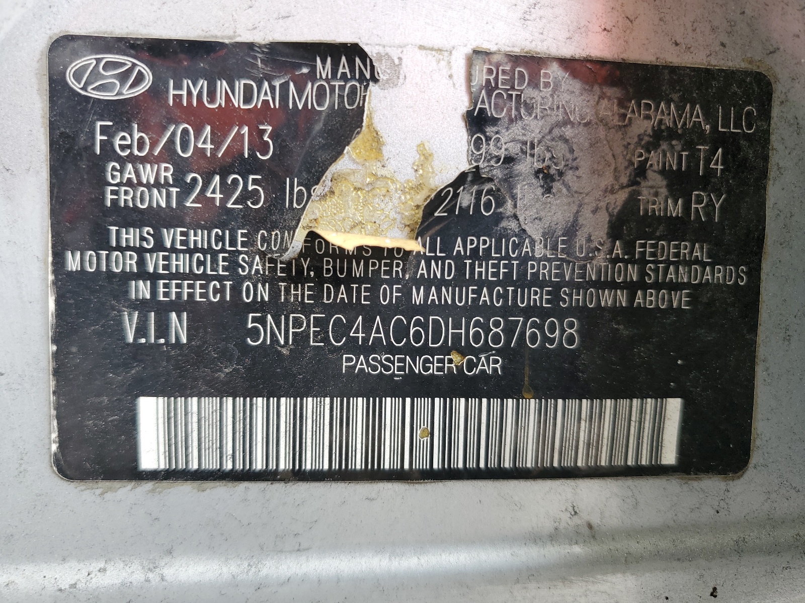 5NPEC4AC6DH687698 2013 Hyundai Sonata Se