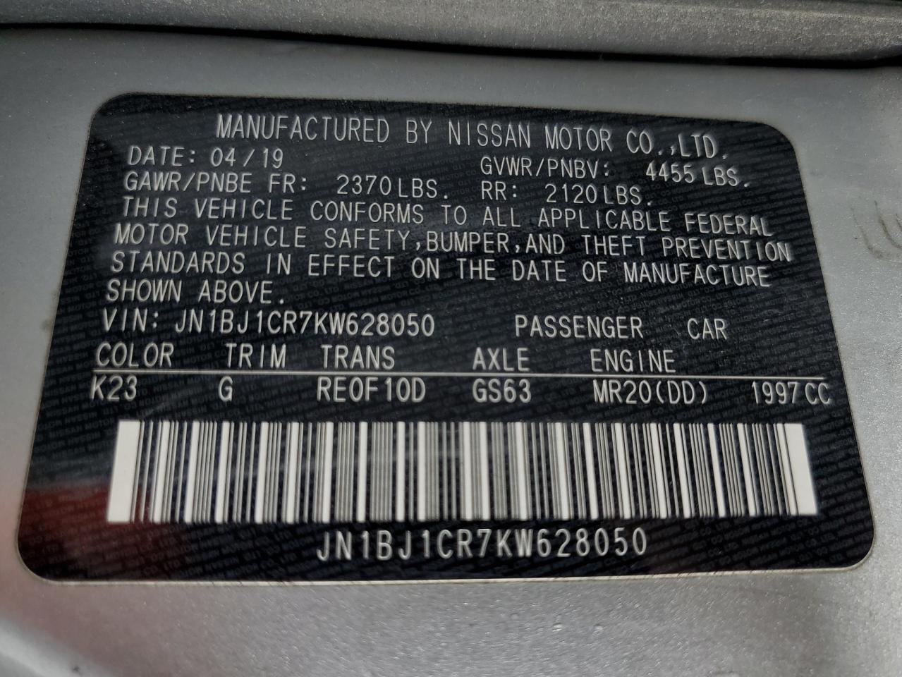 JN1BJ1CR7KW628050 NISSAN ROGUE 2019