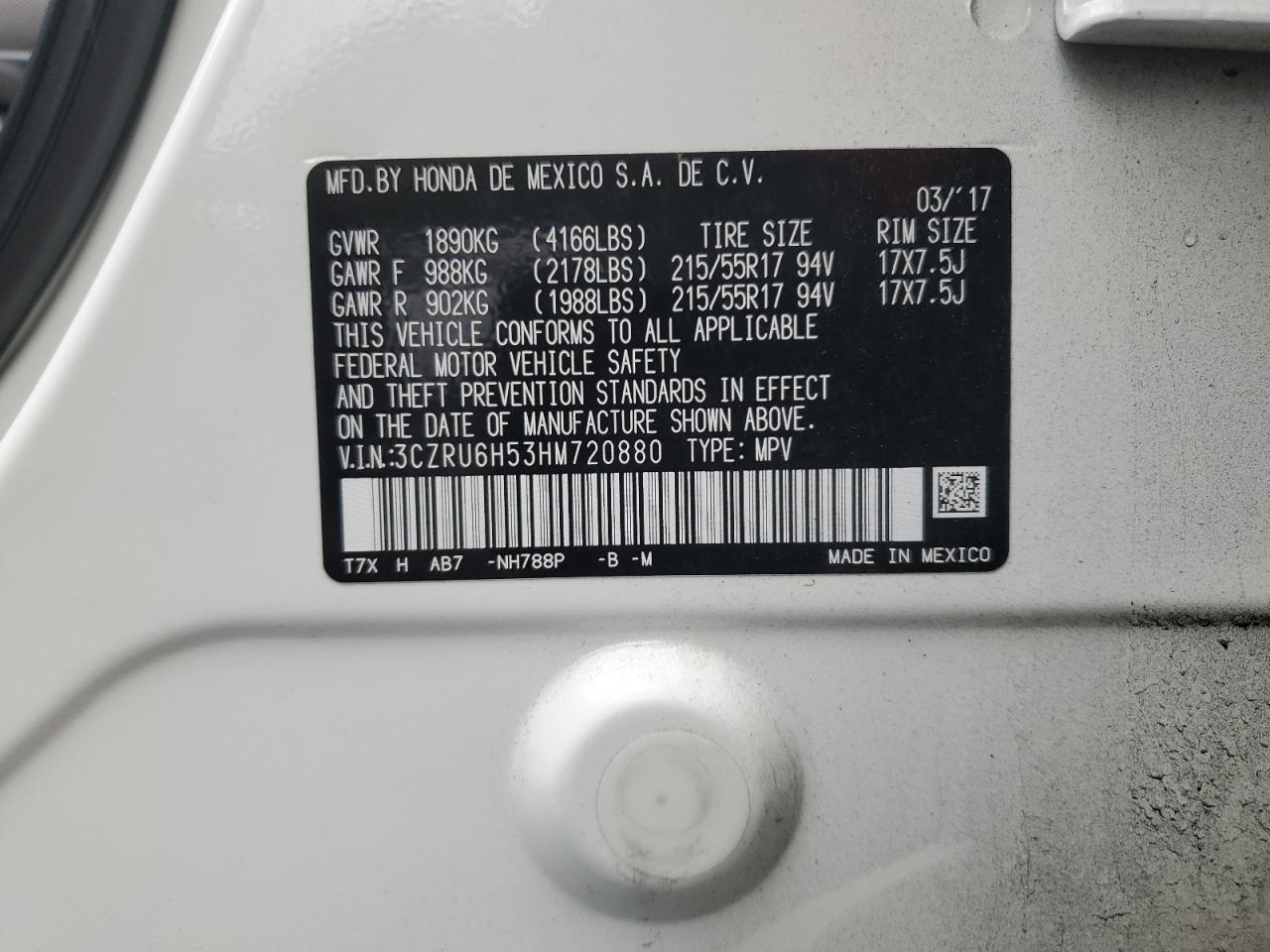 3CZRU6H53HM720880 2017 Honda Hr-V Ex