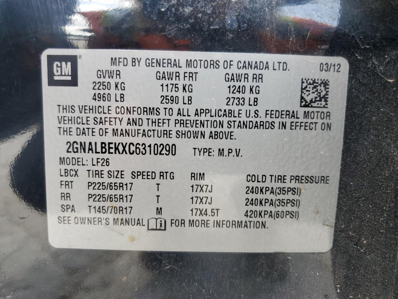 2GNALBEKXC6310290 2012 Chevrolet Equinox Ls