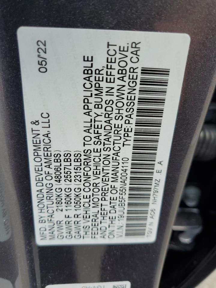 2022 Acura Tlx Tech A VIN: 19UUB5F55NA004110 Lot: 66321084