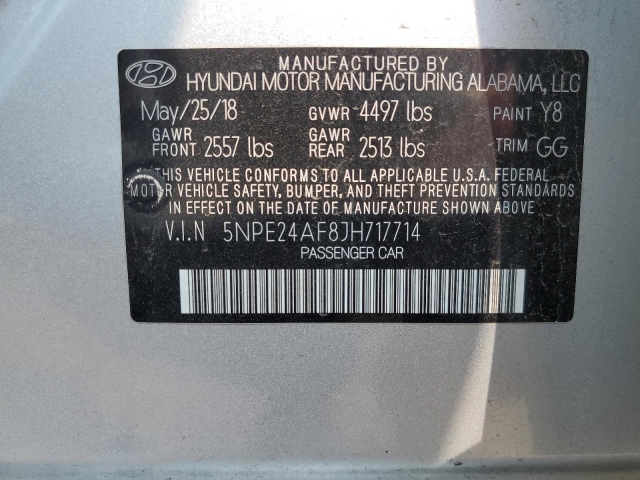 2018 Hyundai Sonata Se VIN: 5NPE24AF8JH717714 Lot: 67407534