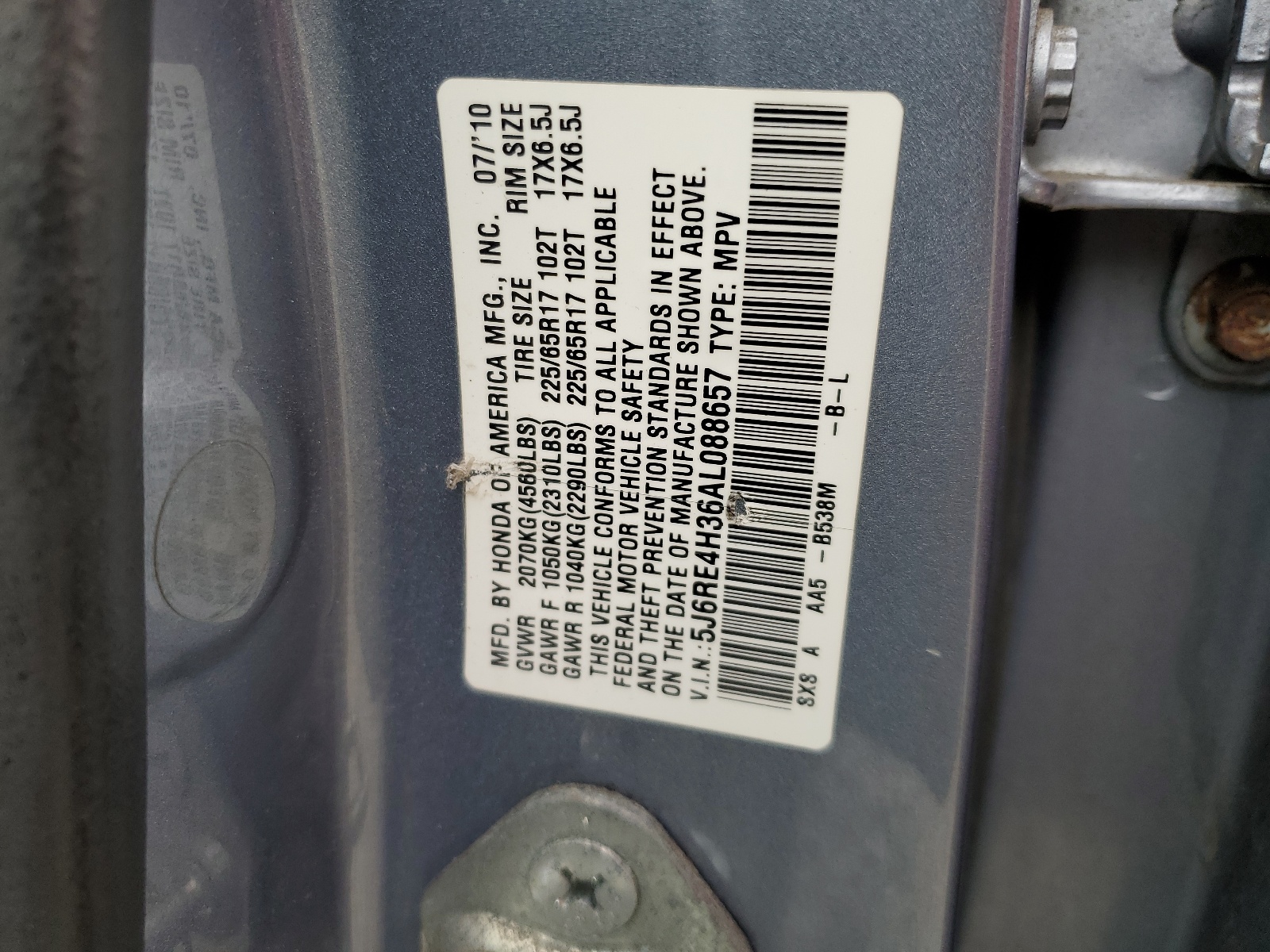 5J6RE4H36AL088657 2010 Honda Cr-V Lx