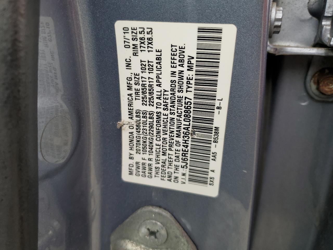 2010 Honda Cr-V Lx VIN: 5J6RE4H36AL088657 Lot: 67939644