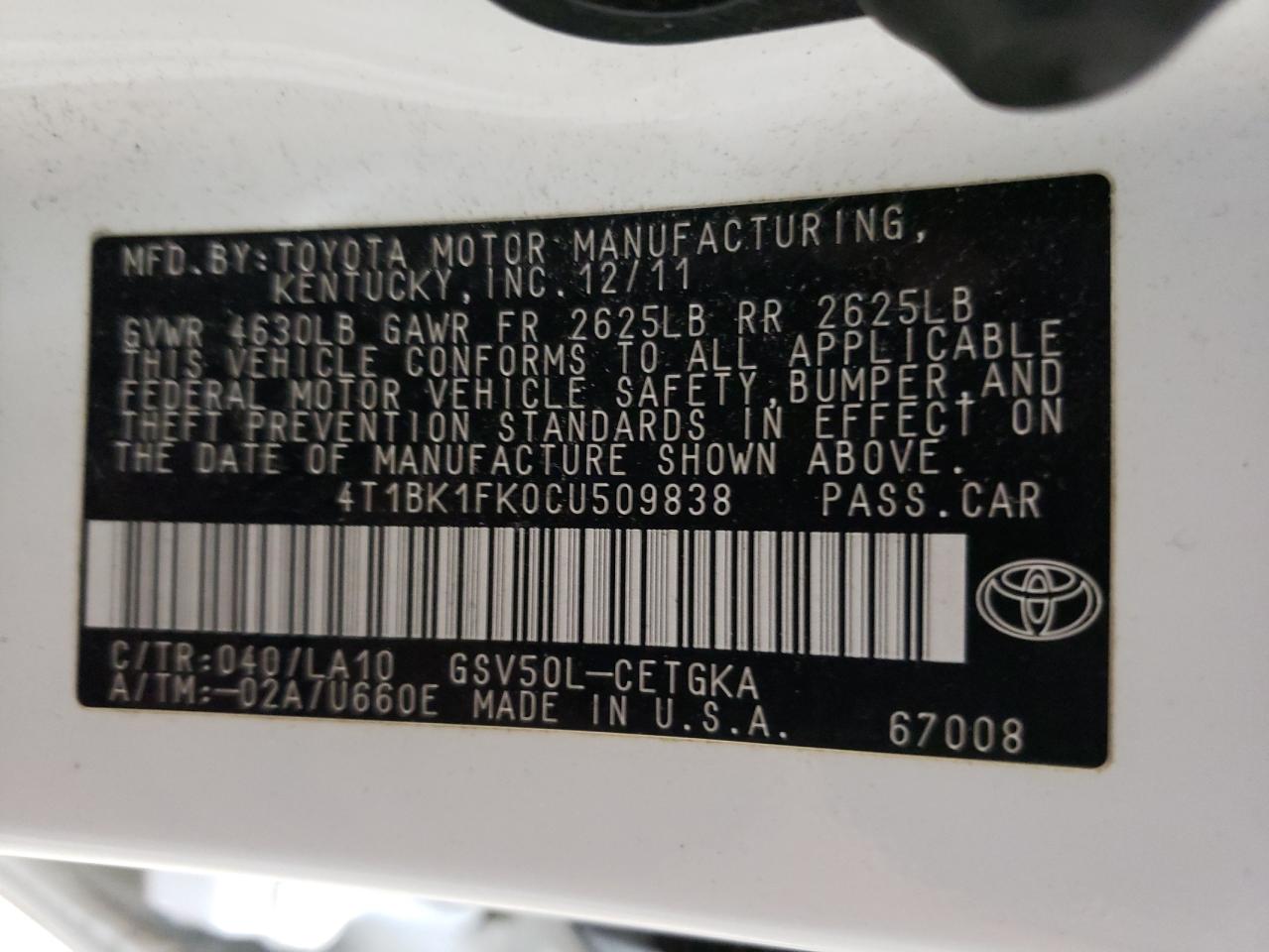 4T1BK1FK0CU509838 2012 Toyota Camry Se 4T1BK1FK0CU509838 2012 Toyota Camry Se