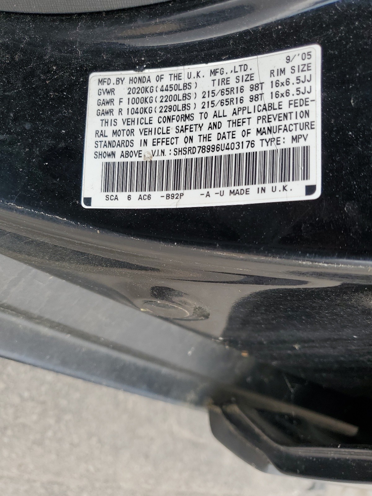 SHSRD78996U403176 2006 Honda Cr-V Se