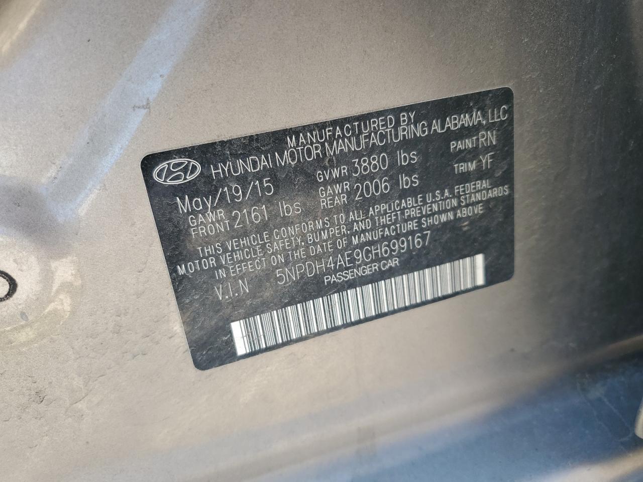 2016 Hyundai Elantra Se VIN: 5NPDH4AE9GH699167 Lot: 66251404