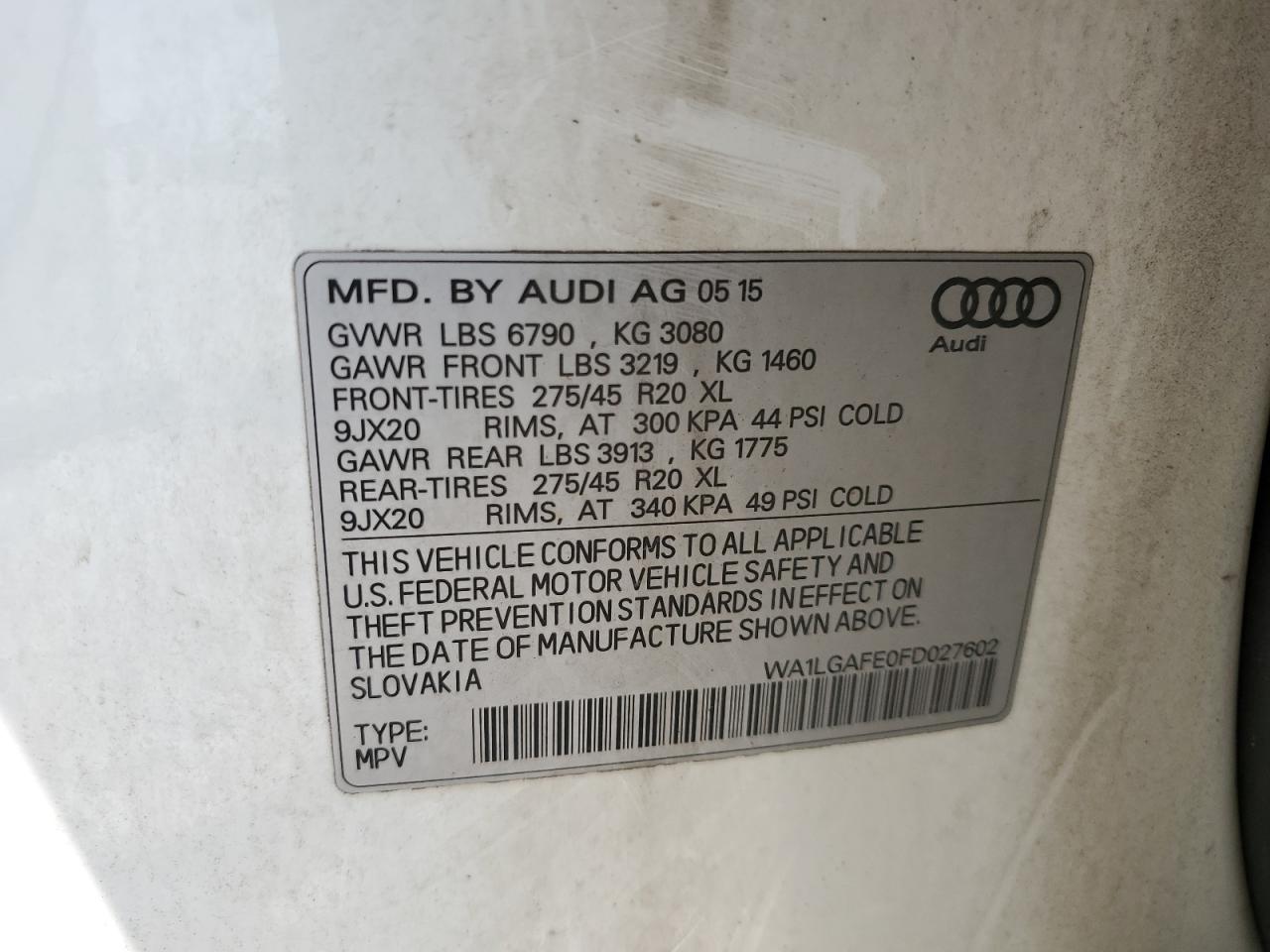 2015 Audi Q7 Premium Plus VIN: WA1LGAFE0FD027602 Lot: 65769884