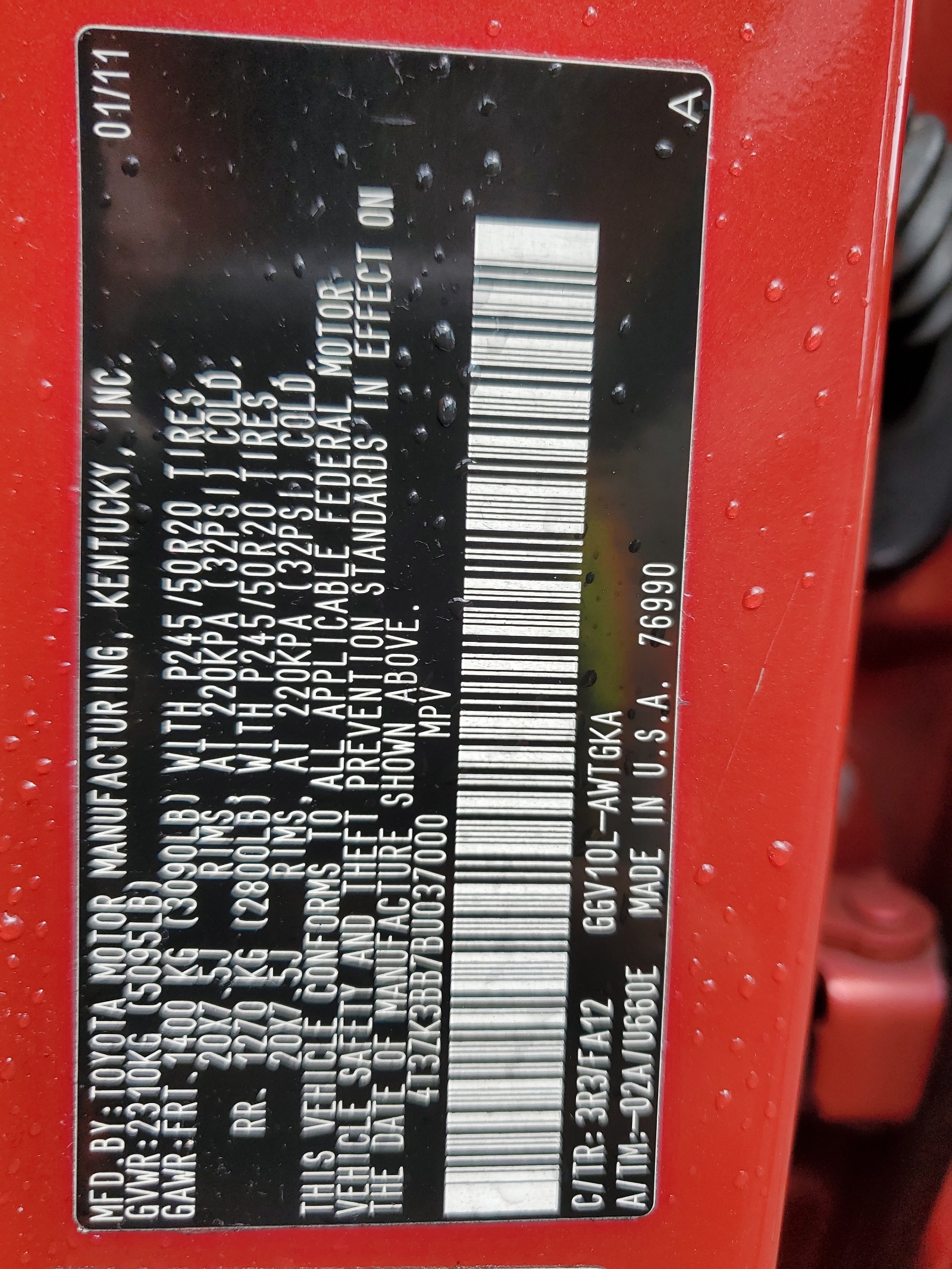 4T3ZK3BB7BU037000 2011 Toyota Venza