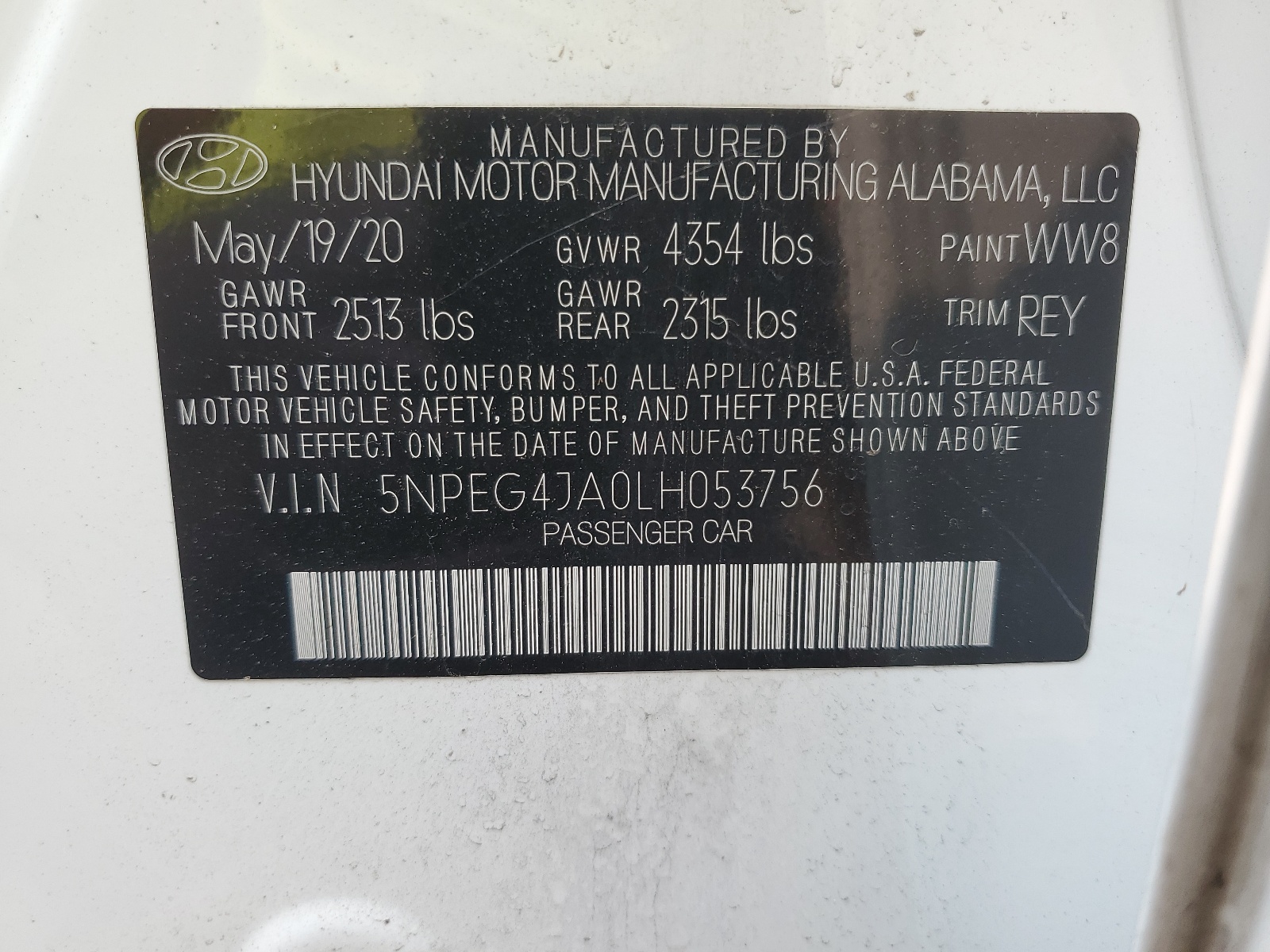 5NPEG4JA0LH053756 2020 Hyundai Sonata Se