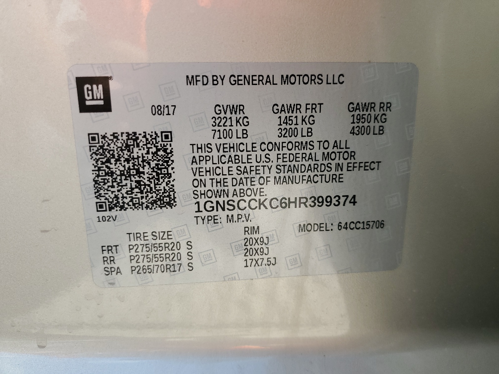 1GNSCCKC6HR399374 2017 Chevrolet Tahoe C1500 Premier