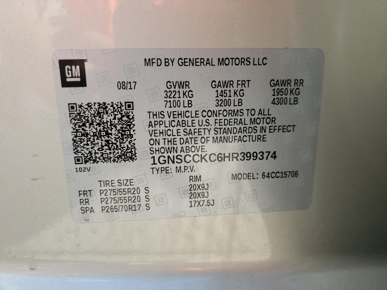 2017 Chevrolet Tahoe C1500 Premier VIN: 1GNSCCKC6HR399374 Lot: 67594574