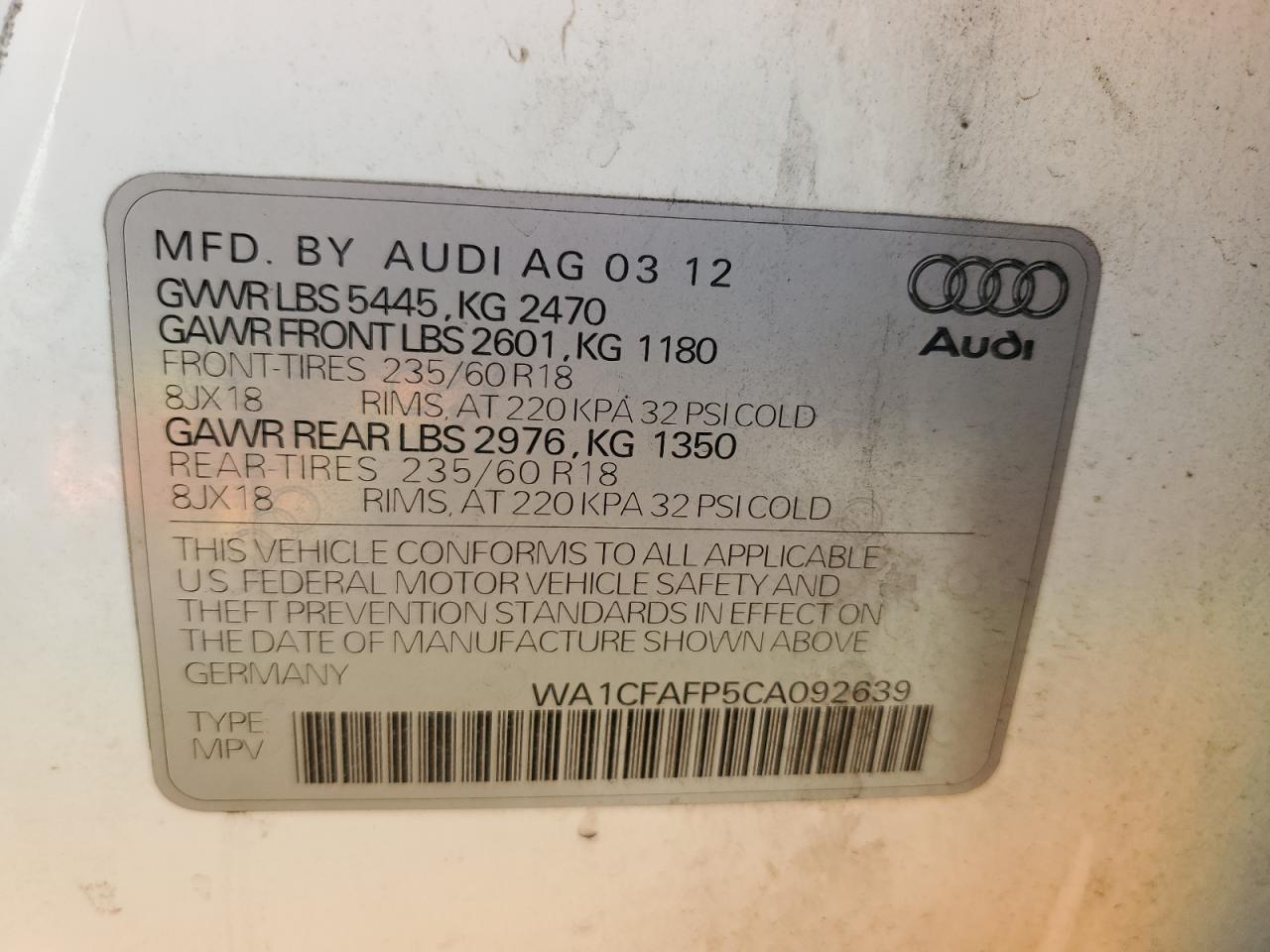 2012 Audi Q5 Premium VIN: WA1CFAFP5CA092639 Lot: 66466214