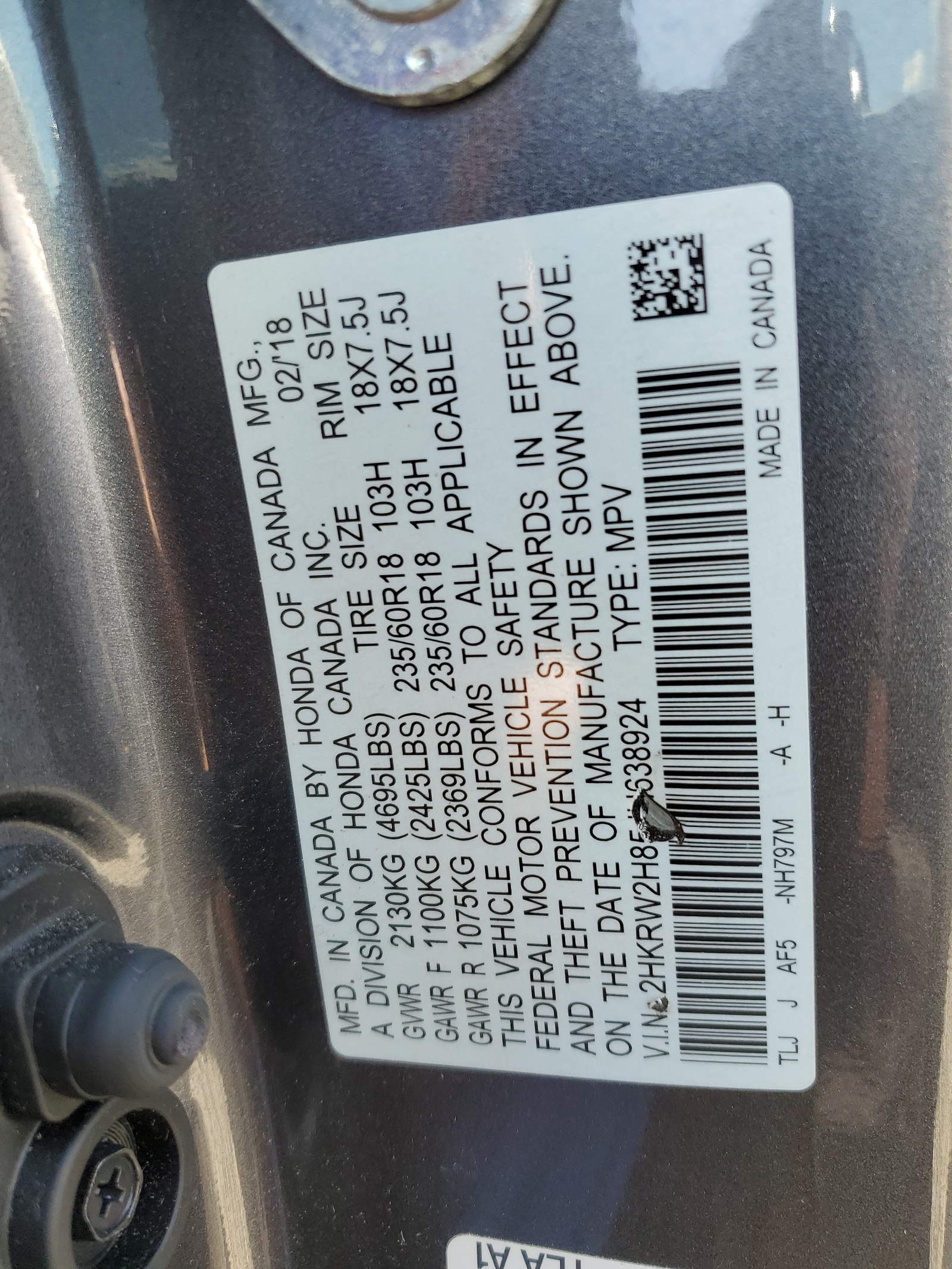 2HKRW2H85JH638924 2018 Honda Cr-V Exl