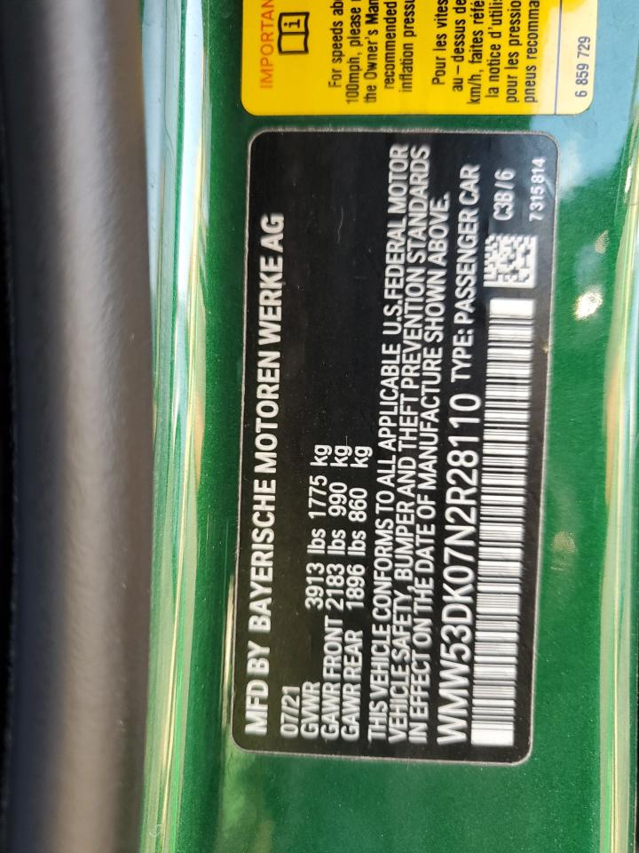 2022 Mini Cooper S VIN: WMW53DK07N2R28110 Lot: 65595744