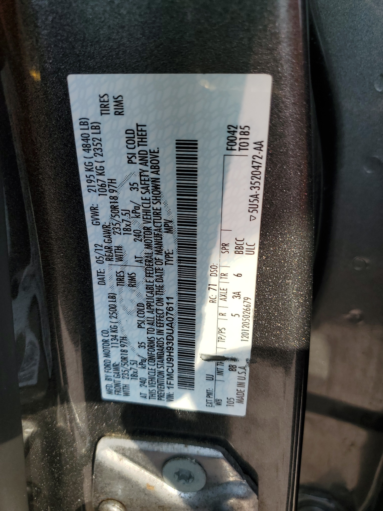 1FMCU9H93DUA07611 2013 Ford Escape Sel