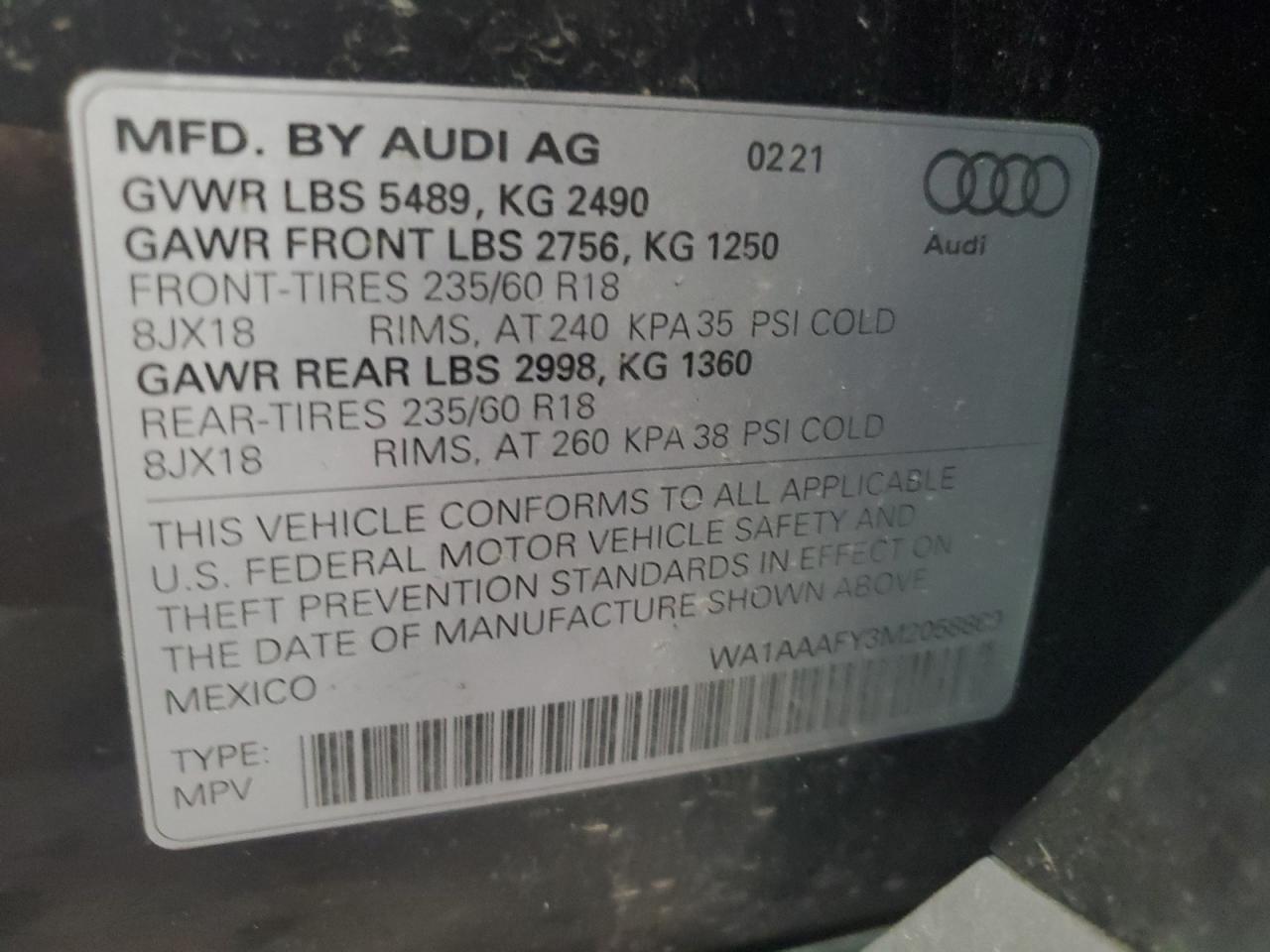 WA1AAAFY3M2058869 2021 Audi Q5 Premium