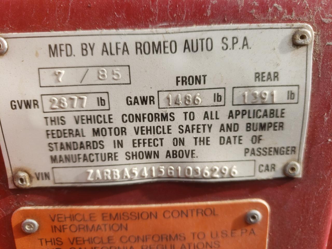 1986 Alfa Romeo Veloce 2000 Spider VIN: ZARBA5415G1036296 Lot: 68152214